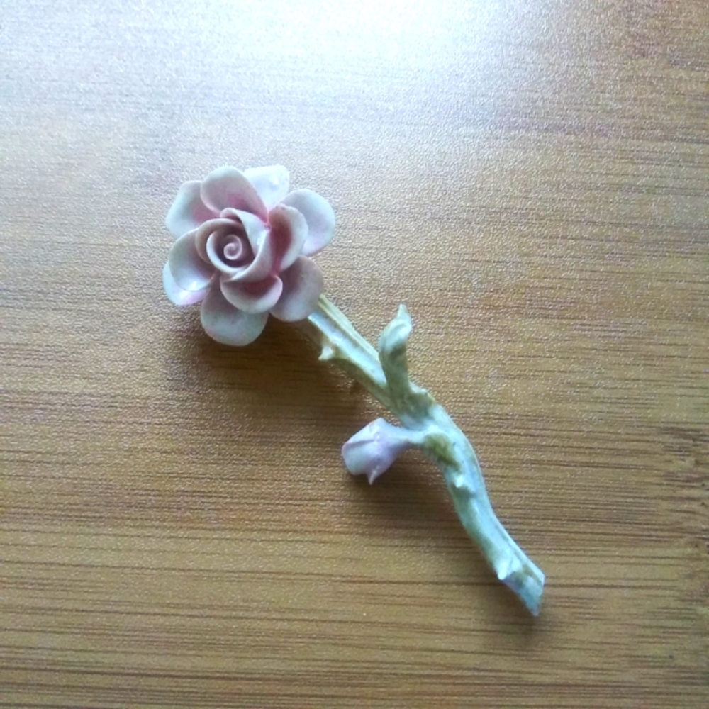 Vintage Porcelain Flower Brooch Pin Pink Rose Pansy Bone China